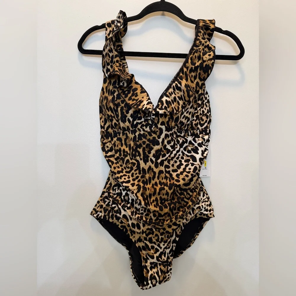 DKNY Jaguar Print One-Piece Ruffle  V-Neck Swimsuit - Size M‎